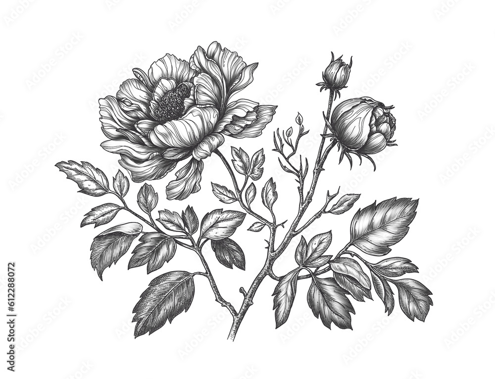 Hand drawing flower peony, engraving style. Generative AI  