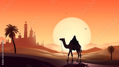 camel walking in the desert in the evening towards the mosque. eid al adha, generative AI