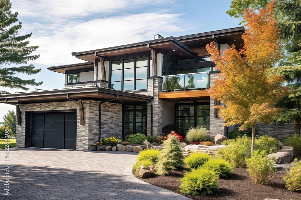 Contemporary Four-Car Garage House with Natural Stone Features and Coral Siding., generative AI Contemporary Four-Car Garage House with Natural Stone Features and Coral Siding., generative AI