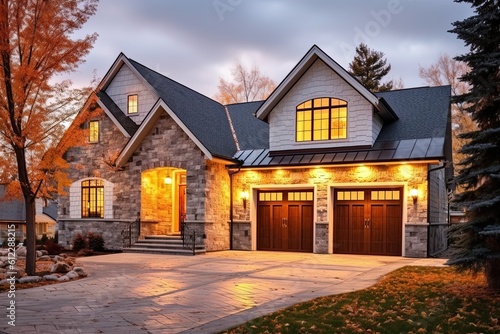 Contemporary Flair and Functionality: Stunning Four-Car Garage New Build with White Siding and Natural Stone Features, generative AI