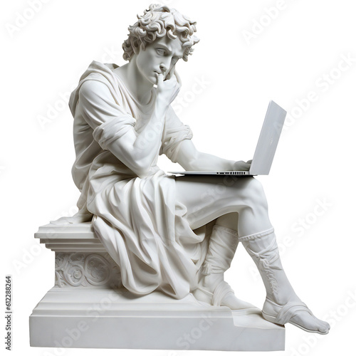 Classic gypsum statue of man using a laptop for IT isolated. Generative ai art photo