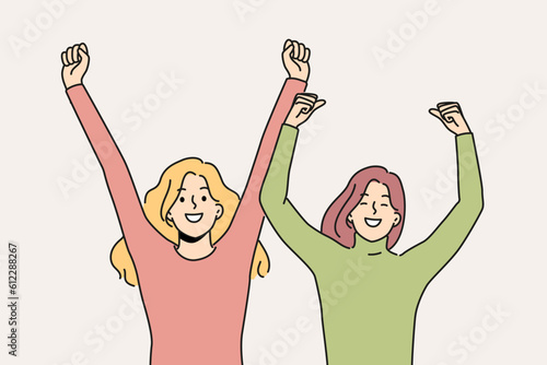 Overjoyed women have fun raising hands up in air. Smiling girlfriends feeling triumphant and euphoric cheering or encouraging. Vector illustration. 