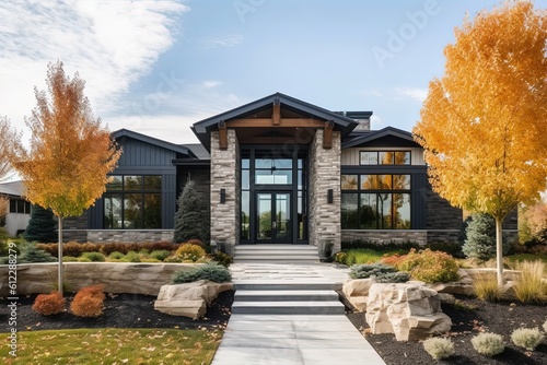 Contemporary Four-Car Garage House with Dark Blue Siding and Natural Stone Accents, generative AI