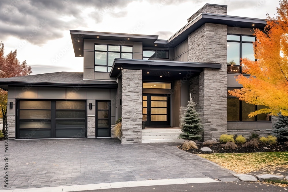 Cutting-Edge Aesthetic: Modern Newly Built Home with Two-Car Garage, Gray Siding, and Natural Stone Details, generative AI