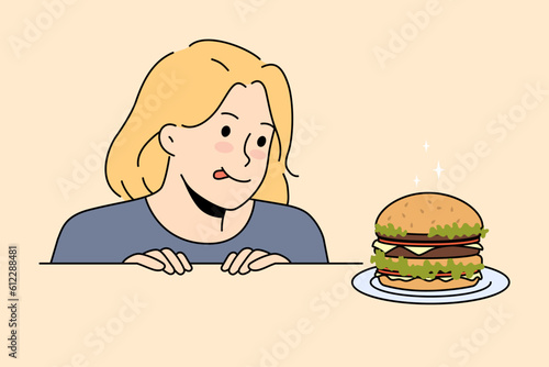 Excited child looking at delicious hamburger on table. Happy girl kid ready to eat tasty burger. Food and nutrition. Vector illustration. 