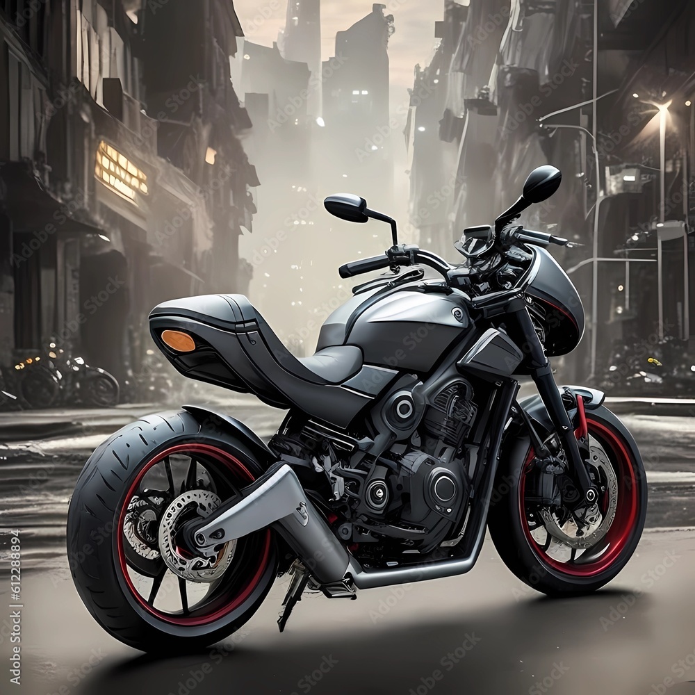 A robust heavy bike thundered through the streets of a dark and atmospheric city, its lights piercing through the night. A robust heavy bike thundered through the streets of a dark and atmospheric city, its lights piercing through the night.