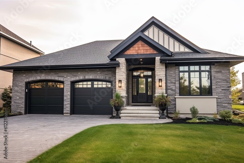 Innovative Layout and Natural Stone Details: Explore This Regal Freshly Developed Home with a Two-Car Garage and Striking Dark Green Siding, generative AI