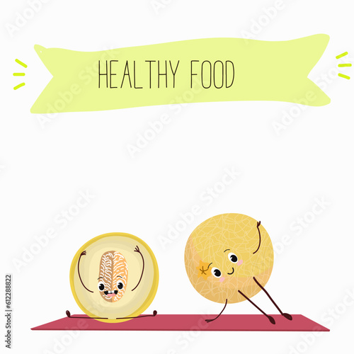 Illustration with funny cartoon characters berry, fruit, cheerful melon.   Funny and healthy food. Vitamins, cute face food, ingredients, vegetarian, vector cartoon, agriculture, raw, ripe.