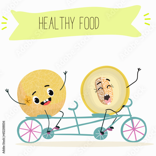 Illustration with funny cartoon characters berry, fruit, cheerful melon.   Funny and healthy food. Vitamins, cute face food, ingredients, vegetarian, vector cartoon, agriculture, raw, ripe.