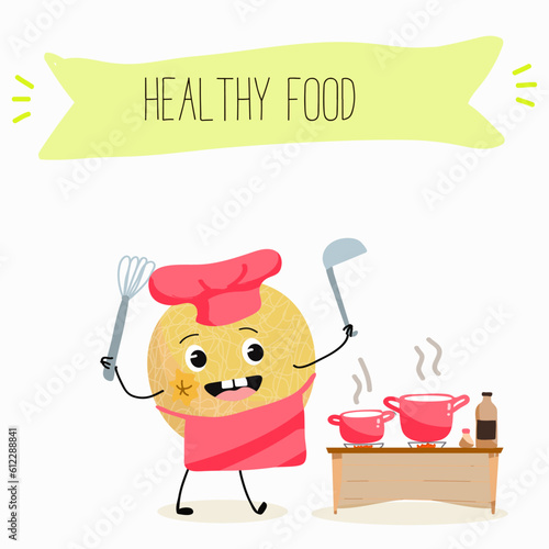 Illustration with funny cartoon characters berry, fruit, cheerful melon.   Funny and healthy food. Vitamins, cute face food, ingredients, vegetarian, vector cartoon, agriculture, raw, ripe.