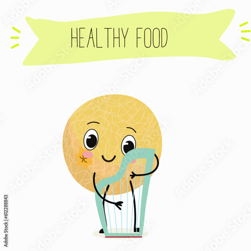 Illustration with funny cartoon characters berry, fruit, cheerful melon.   Funny and healthy food. Vitamins, cute face food, ingredients, vegetarian, vector cartoon, agriculture, raw, ripe.