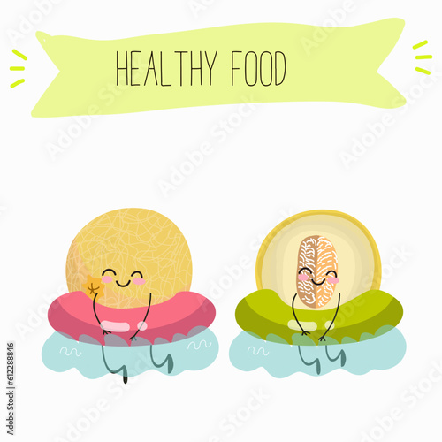Illustration with funny cartoon characters berry, fruit, cheerful melon.   Funny and healthy food. Vitamins, cute face food, ingredients, vegetarian, vector cartoon, agriculture, raw, ripe.