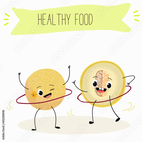 Illustration with funny cartoon characters berry, fruit, cheerful melon.   Funny and healthy food. Vitamins, cute face food, ingredients, vegetarian, vector cartoon, agriculture, raw, ripe.