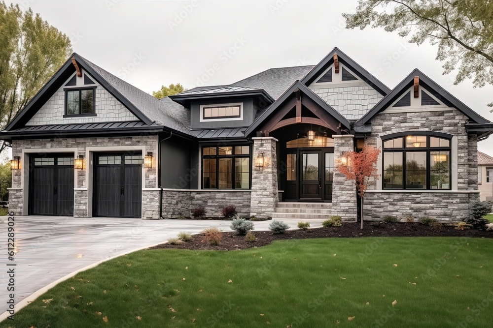 Innovative Layout Meets Regal Charm: The Ultimate Freshly Developed Home with Two-Car Garage, Gray Siding, and Natural Stone Details, generative AI