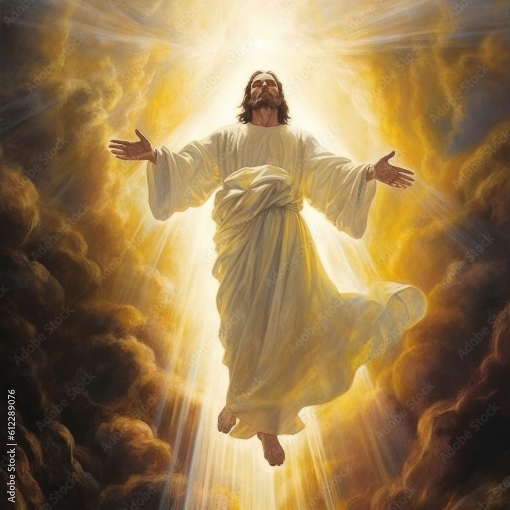 Jesus is shown ascending with outstretched arms, radiating divine light ...