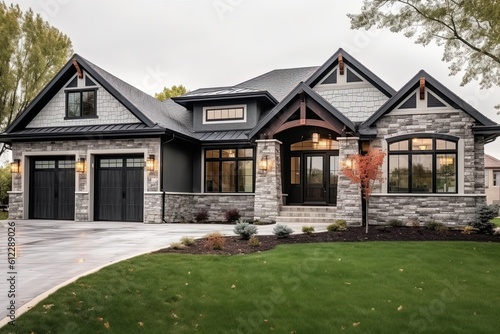 Innovative Layout Meets Regal Charm: The Ultimate Freshly Developed Home with Two-Car Garage, Gray Siding, and Natural Stone Details, generative AI © Michael