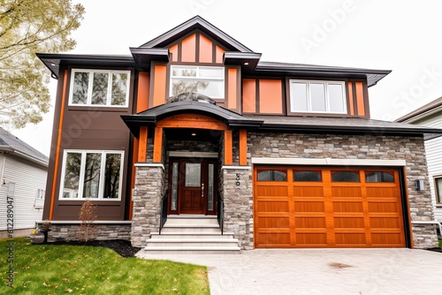 Newly Built Regal Home with Innovative Layout, Natural Stone Details, and a Two-Car Garage with Vibrant Orange Siding, generative AI