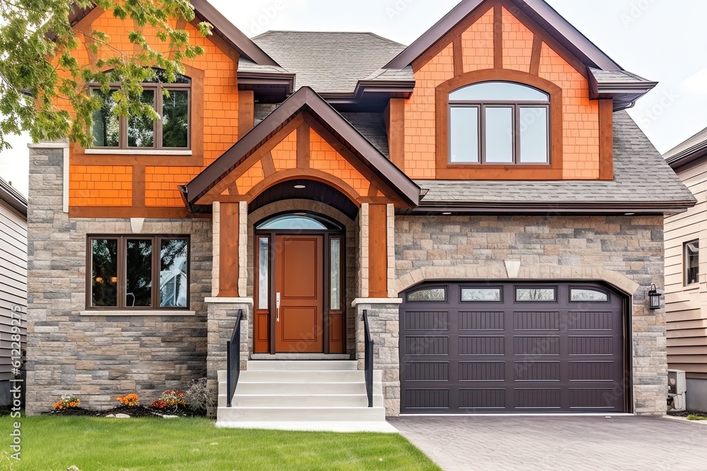 Innovative Layout and Natural Stone Details Accentuate Regal Home with Two-Car Garage and Orange Siding, generative AI