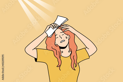 Unhealthy woman suffer from heatstroke on summer street. Unwell girl struggle with sweat during summertime. Vector illustration. 