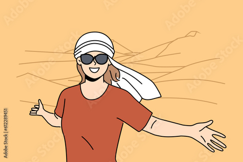 Overjoyed woman in headwear posing in desert. Smiling female in traditional white headscarf enjoy traveling in dunes. Vector illustration. 