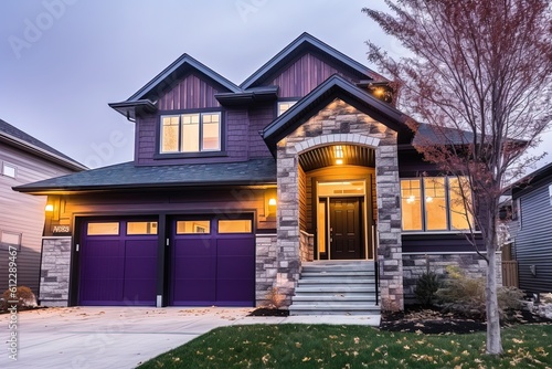 Innovative Layout and Natural Stone Details Highlight Regal Freshly Developed Home with Two-Car Garage and Purple Siding, generative AI © Michael