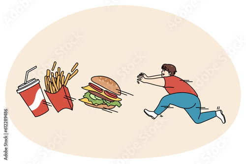 Fat guy running after fast food suffer from obesity and bad habits. Hungry overweight man pursue fries and hamburger, enjoy eating junk food. Diet and healthy lifestyle. Vector illustration.