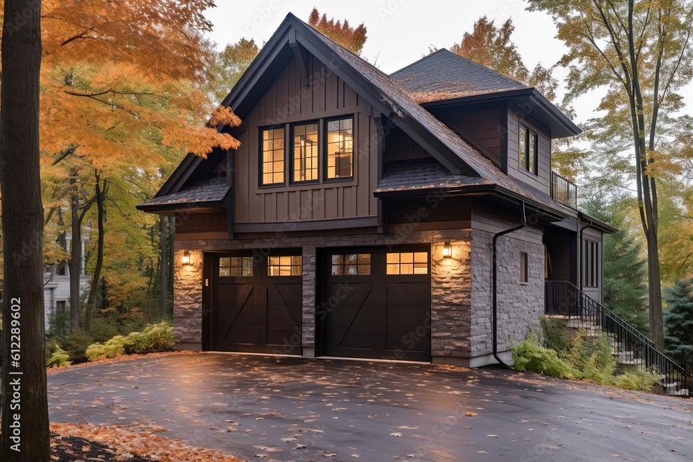 Contemporary Features Meet Natural Stone Facade in a Serene Brown Siding Property with Single Car Garage, generative AI Contemporary Features Meet Natural Stone Facade in a Serene Brown Siding Property with Single Car Garage, generative AI