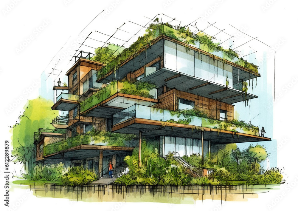 Urban architecture, Eco friendly ,  green design, sketch art style, generative ai