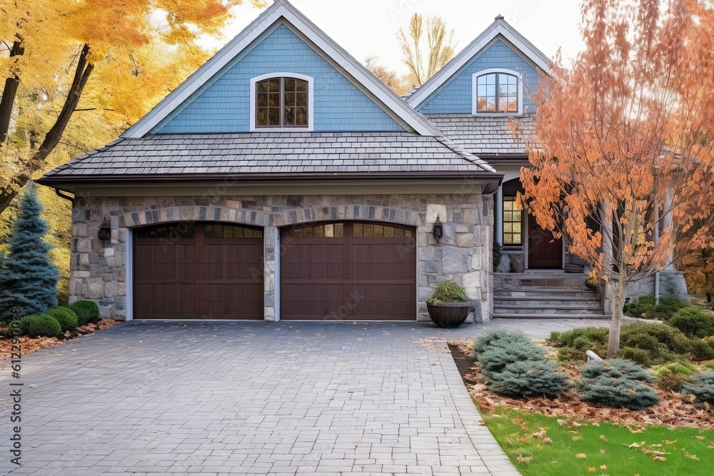 Contemporary Single Car Garage Property with Serene Light Blue Siding and Natural Stone Facade, generative AI Contemporary Single Car Garage Property with Serene Light Blue Siding and Natural Stone Facade, generative AI