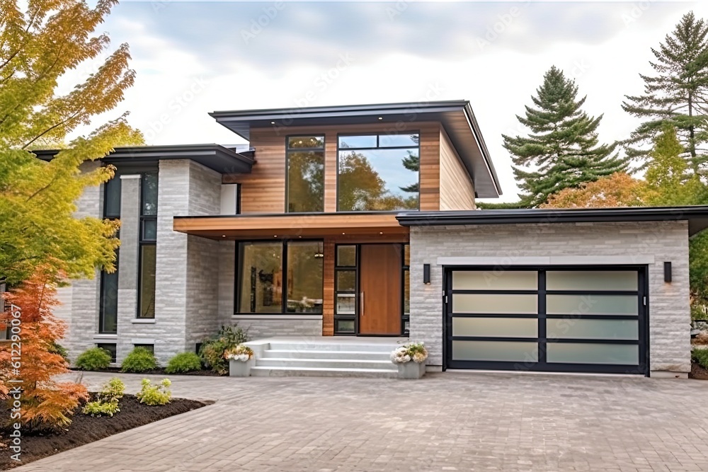 Contemporary and Serene: Single Car Garage and Natural Stone Facade Complement Coral Siding on New Property, generative AI