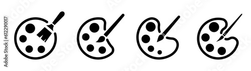 Color palette icon in line. Outline paint palette symbol. Paintbrush icon with palette. Paint brush icon in line. Transparent stock icon. Stock vector illustration