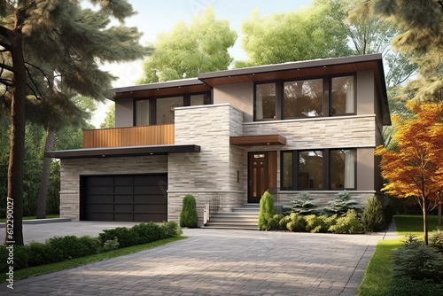 Contemporary Features Highlight Serenity of New Property with Single Car Garage, Beige Siding, and Natural Stone Facade, generative AI