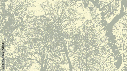 Vector abstract dirty grunge background with tree branches chaotic tangled in winter with snow on it.
