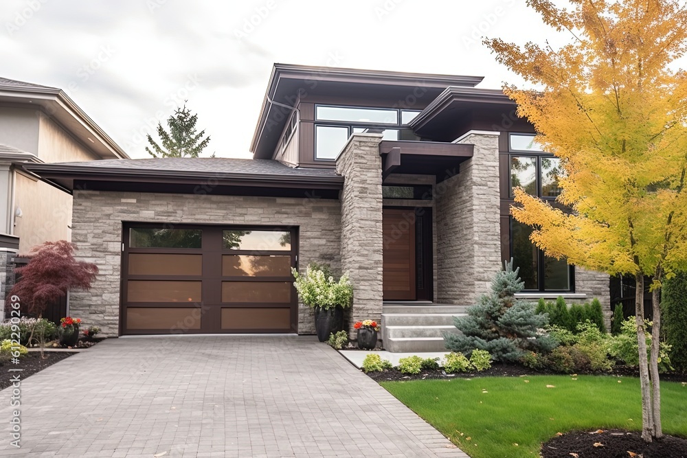 Fototapeta premium Contemporary and Serene: A New Property with Natural Stone Facade, Single-Car Garage, and Striking Brown Siding, generative AI