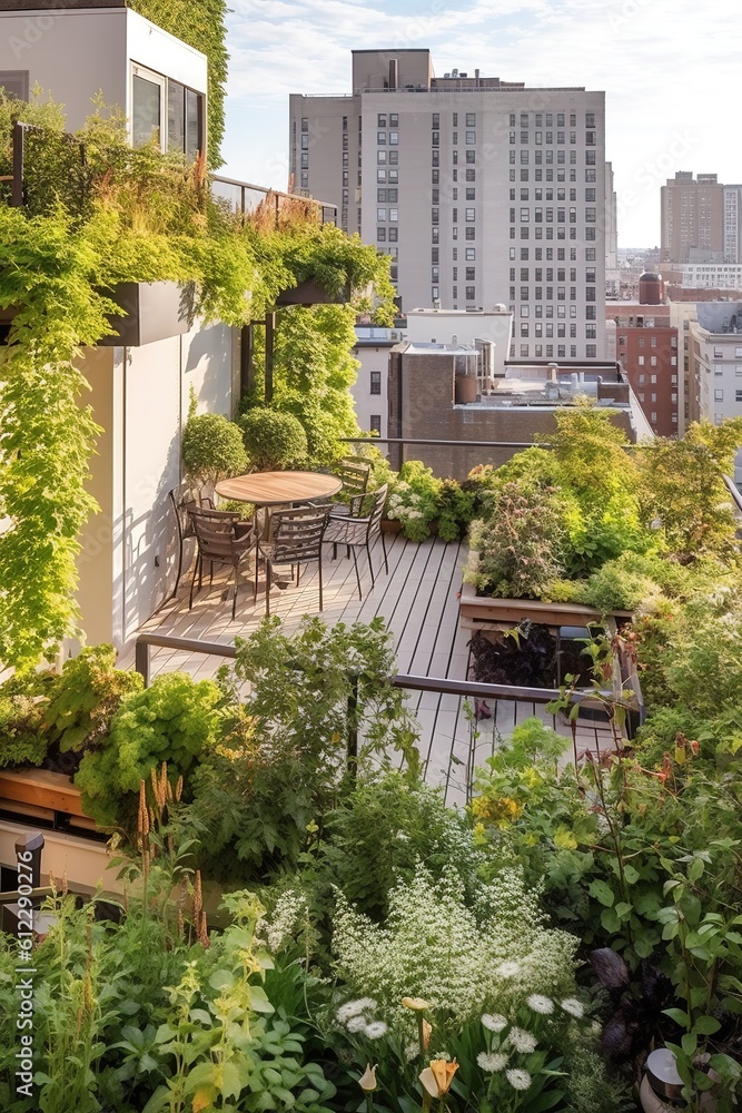 An urban rooftop deck transformed into a lush green space with potted plants, garden furniture, and solar - powered lights, showcasing sustainable urban living in summer