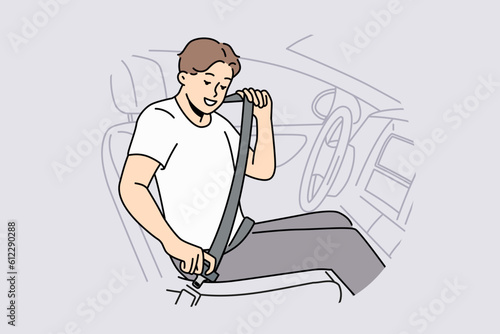 Smiling man putting protection belt sitting in car. Happy guy fasten seatbelt in automobile. Safety on road. Vector illustration. 