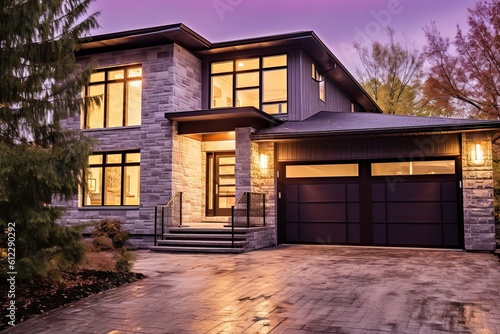 Contemporary Serenity: New Property with a Natural Stone Facade, Purple Siding, and Single Car Garage, generative AI