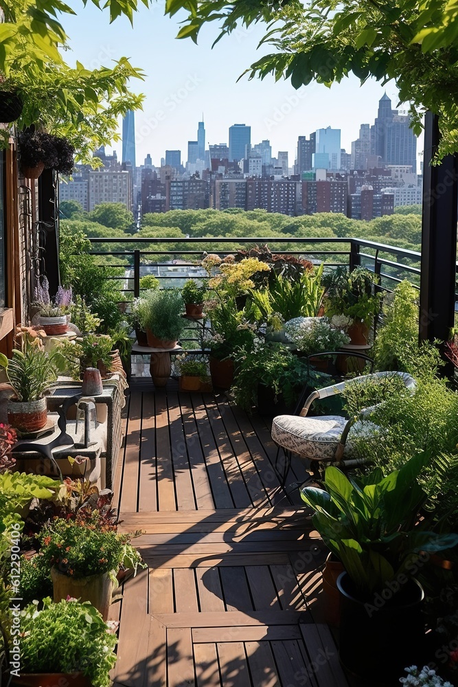 An urban rooftop deck transformed into a lush green space with potted plants, garden furniture, and solar - powered lights, showcasing sustainable urban living in summer