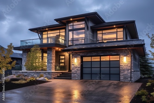 Double Garage and Natural Stone Elements Shine in Splendid Fresh Construction House with Innovative Design and Dark Blue Siding, generative AI © Michael
