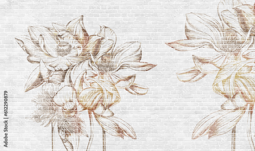 Graphic illustration of golden lotus flowers. Floral wallpaper with water lilies.  Abstract botanical design for photo wallpaper, wallpaper, mural, card. - obrazy, fototapety, plakaty 