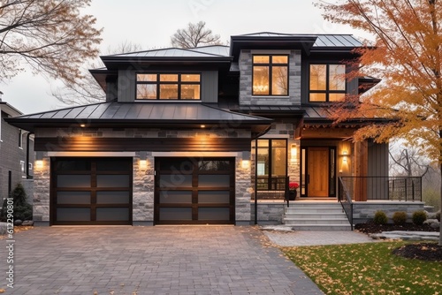 Double-Garage Splendor: Innovative Design Meets Gray Siding and Natural Stone in a Freshly-Constructed Home, generative AI