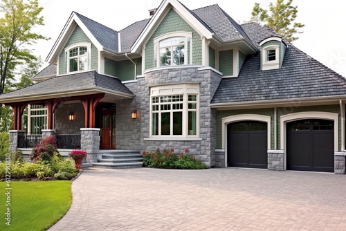 New Construction Home with Double Garage, Innovative Design, and Natural Stone Accents, generative AI