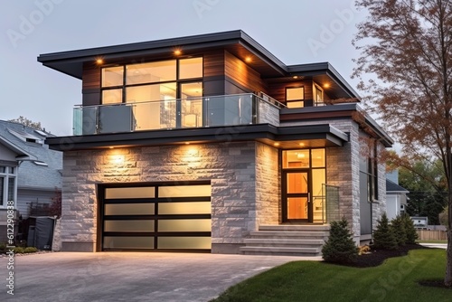 Fresh and Innovative: A Stunning New Home with a Double Garage, Gray Siding and Natural Stone Elements, generative AI