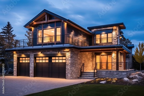 Innovative Design and Natural Stone Elements Highlight Splendid Double Garage House with Navy Blue Siding, generative AI