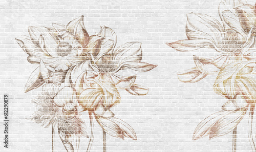 Wallpaper Mural Graphic illustration of golden lotus flowers. Floral wallpaper with water lilies.  Abstract botanical design for photo wallpaper, wallpaper, mural, card. Torontodigital.ca