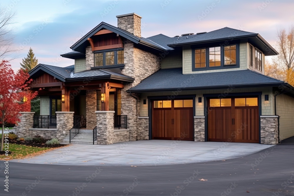 Innovative Design and Natural Stone Accents Enhance Splendid Fresh Construction House with Double Garage and Light Blue Siding, generative AI