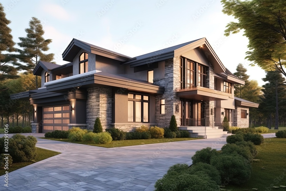 Newly Built House With Innovative Design, Double Garage, Brown Siding, and Natural Stone Elements, generative AI Newly Built House With Innovative Design, Double Garage, Brown Siding, and Natural Stone Elements, generative AI