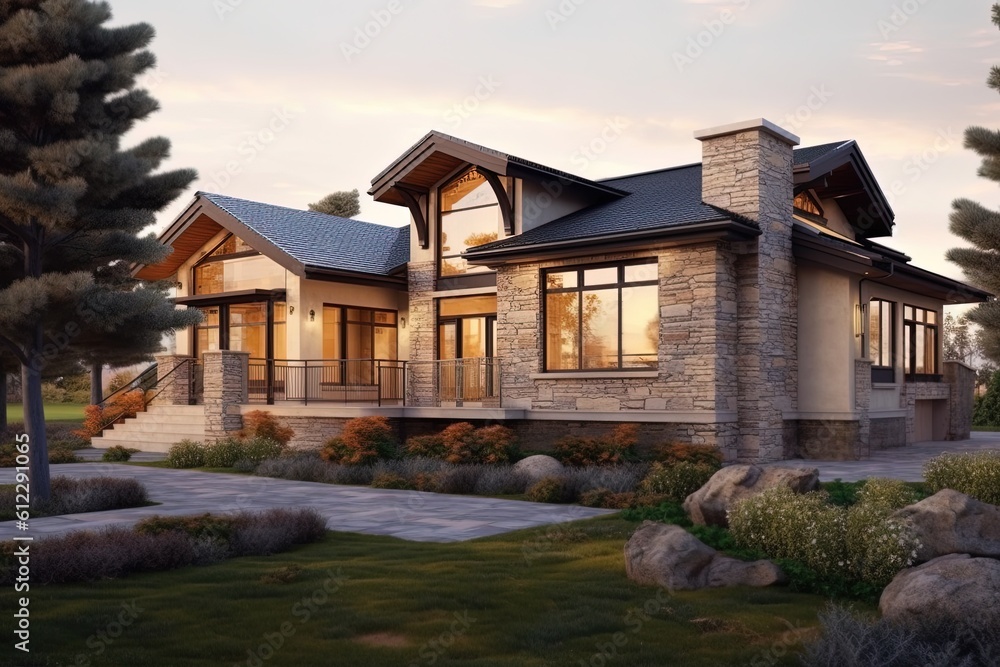 Double-Garage Splendor: A Fresh, Innovative Design with Beige Siding and Natural Stone Elements, generative AI
