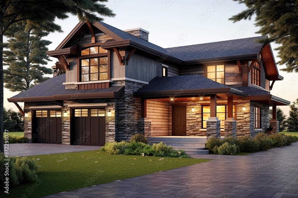 Innovative Design: Splendid Fresh Construction House with Double Garage, Natural Stone Elements, and Brown Siding, generative AI