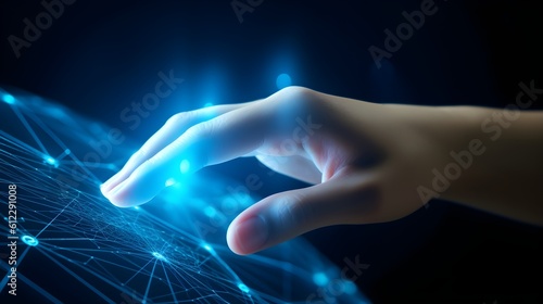 hand touching a holographic statistic with a light. generative AI